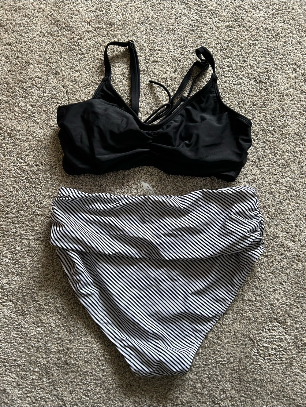 Black Swim Top w/ Black & White Striped High-Waist Bottoms & floral bottoms.